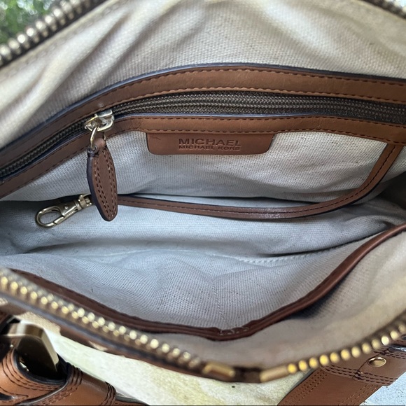 MICHAEL KORS SIGNATURE HARNESS GRAB LEATHER & TAN CANVAS BROWN SATCHEL ~ RARE - Picture 5 of 5